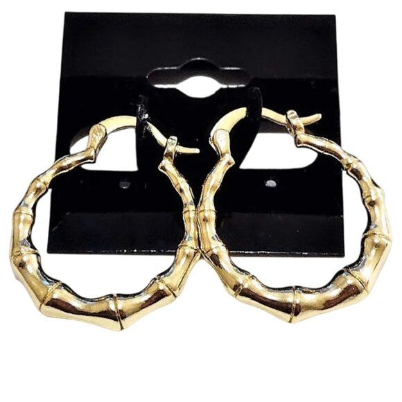 1 1/8 Inch 27mm Bamboo Hoop Pierced Post Earrings Gold Tone - Picture 1 of 5